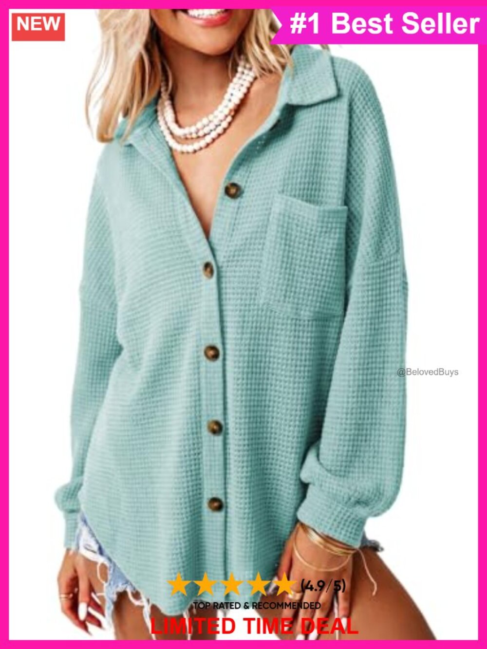Waffle Knit Shacket Button Down Shirt Loose Fit Boyfriend Style